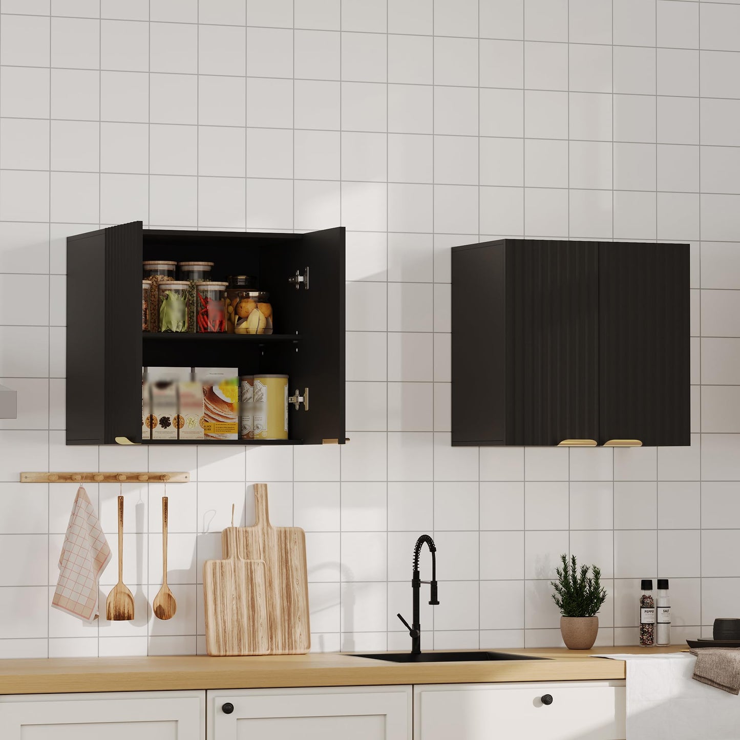 ChooChoo Bathroom Wall Cabinet, Kitchen Storage Cupboard Cabinet with 2 Doors, Fluted Laundry Room Cabinet for Bathroom, Kitchen, Garage, Black
