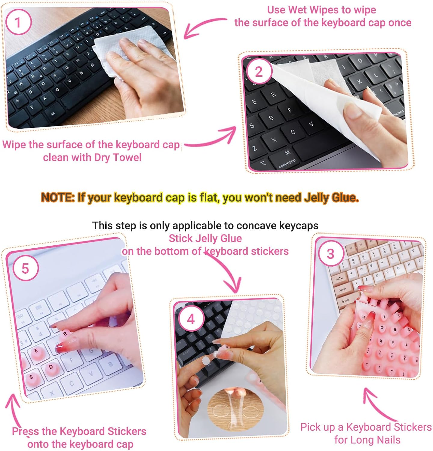 WANTHER (70 Raised Keyboard Stickers for Long Nails with Letters - Heart-Shaped Antistatic Silicone Protective Cover