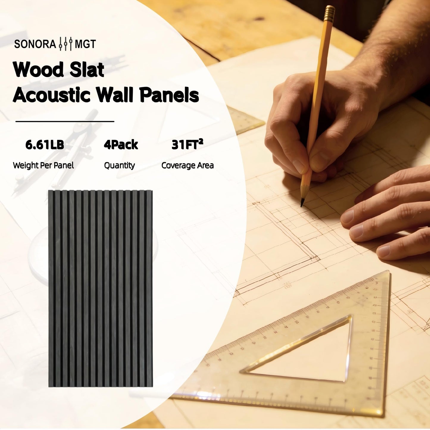 SONORA MGT 4 Pack Acoustic Wood Slat Wall Panels 47.24'' X 23.62'', Echo Reduction, 3D Fluted Wall Panels for Interior Wall Decor (Matte Black)