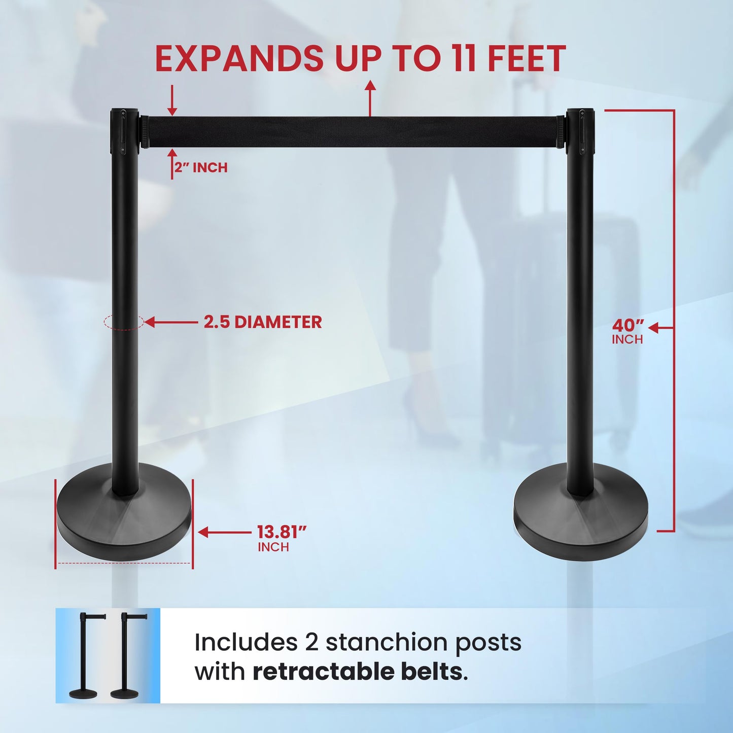 Crowd Control Warehouse Set of 2 Stanchion Retractable Belt Barriers, 11 Foot Black Belt Barrier with 40” Black Posts, Premium Crowd Control Barriers with Heavy Duty Concrete Base, CCW Series RBB-100