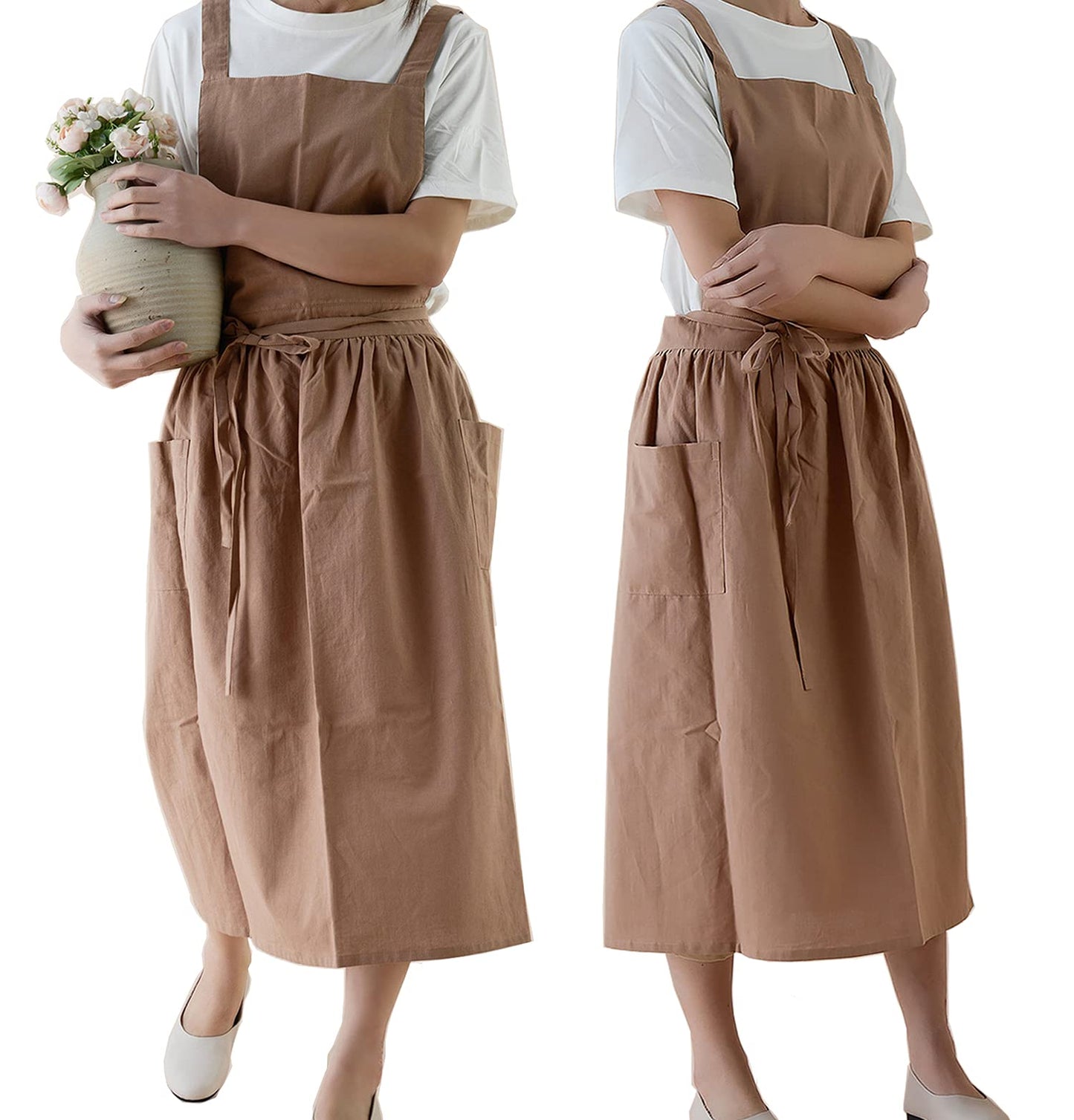 VLZUFE Women Cotton Linen Cross Back Apron with Pockets for Gardening Works Pinafore Dress