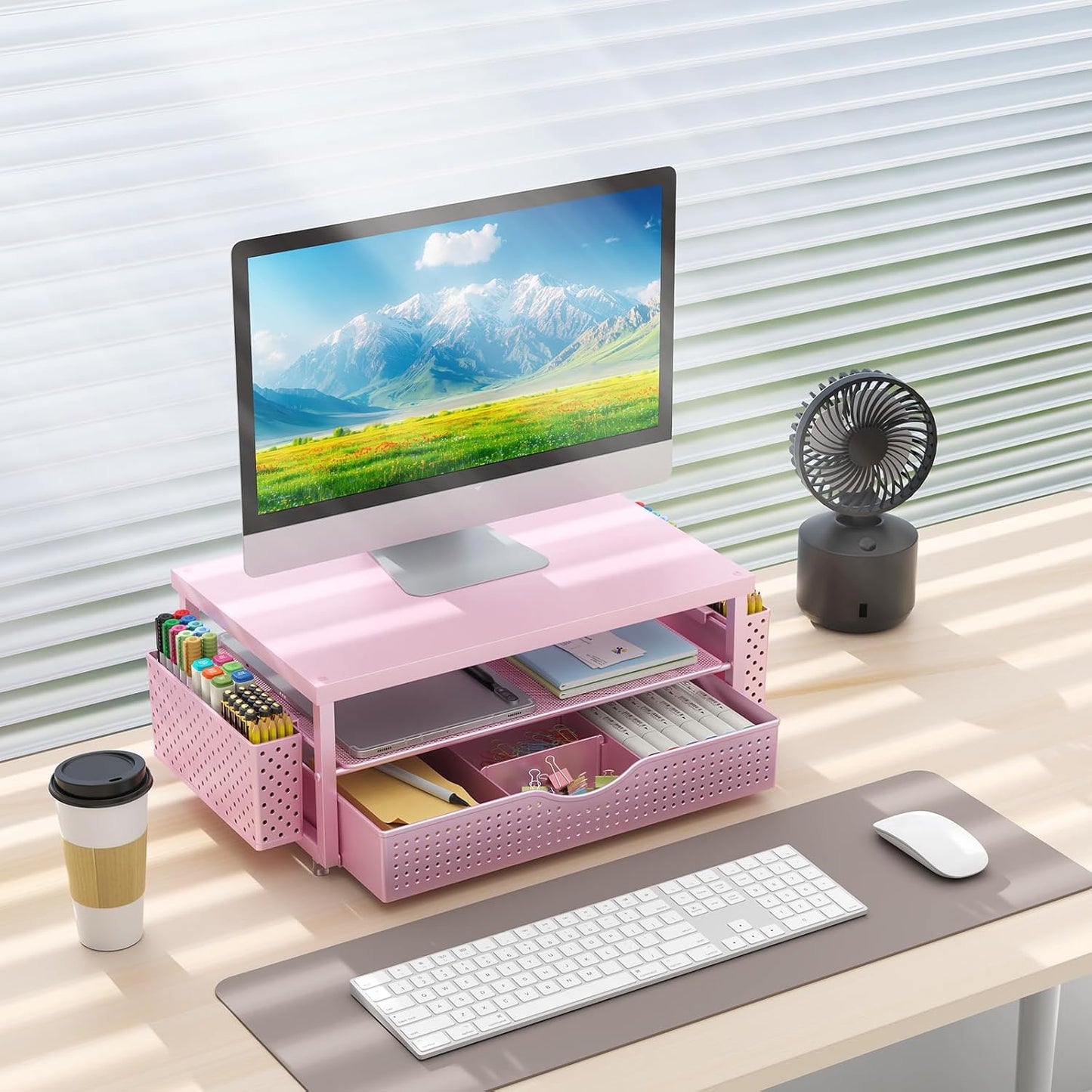 2 2-Tier gianotter Wood Monitor Stand Riser, Desk Organizer with Drawer and Pen Holders, Workspace Organizer for Office