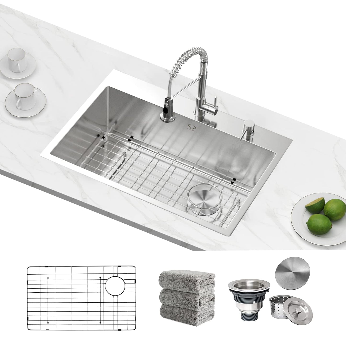 Kitchen Sink 27 x 22 inch Drop-In Top Mount 16 Gauge Tight Radius Single Bowl 2-Hole Stainless Steel Kitchen Sink and Accessories (Pack of 4)