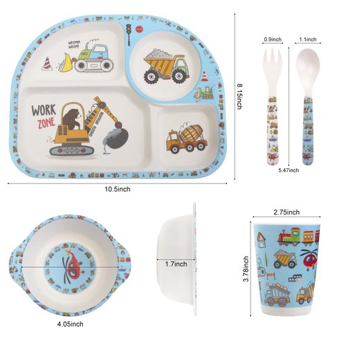 Kids Feeding Set 5 Pcs, Tableware Set for Toddlers Includes Plate Bowl Cup Fork and Spoon Utensil Flatware, Kids Flatware Set Dishwasher Safe, BPA Free (Construction)