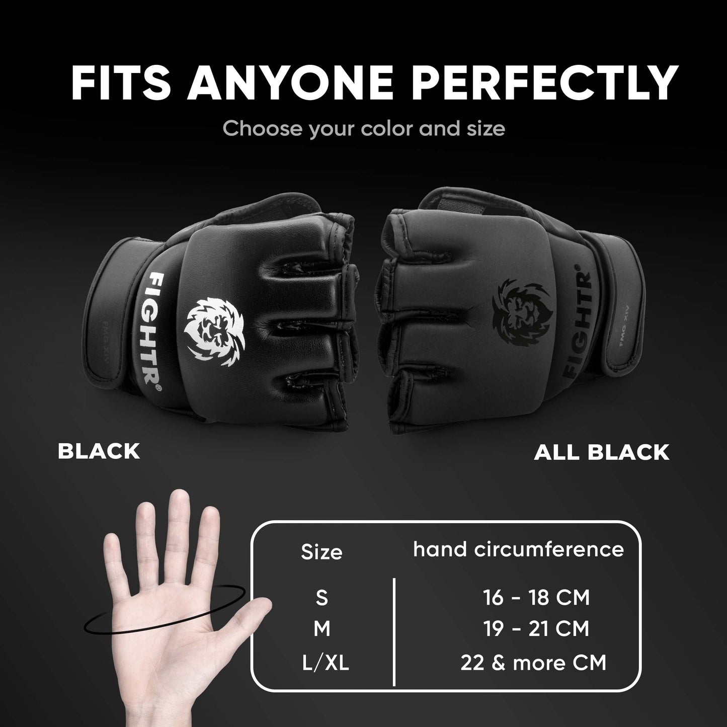 FIGHTR® Pro MMA Gloves for Grappling Sparring Training, Kickboxing Martial Arts Muay Thai Punching Bag Mitt Training Boxing for Men and Women | incl. Carrying Bag (All Black, L)