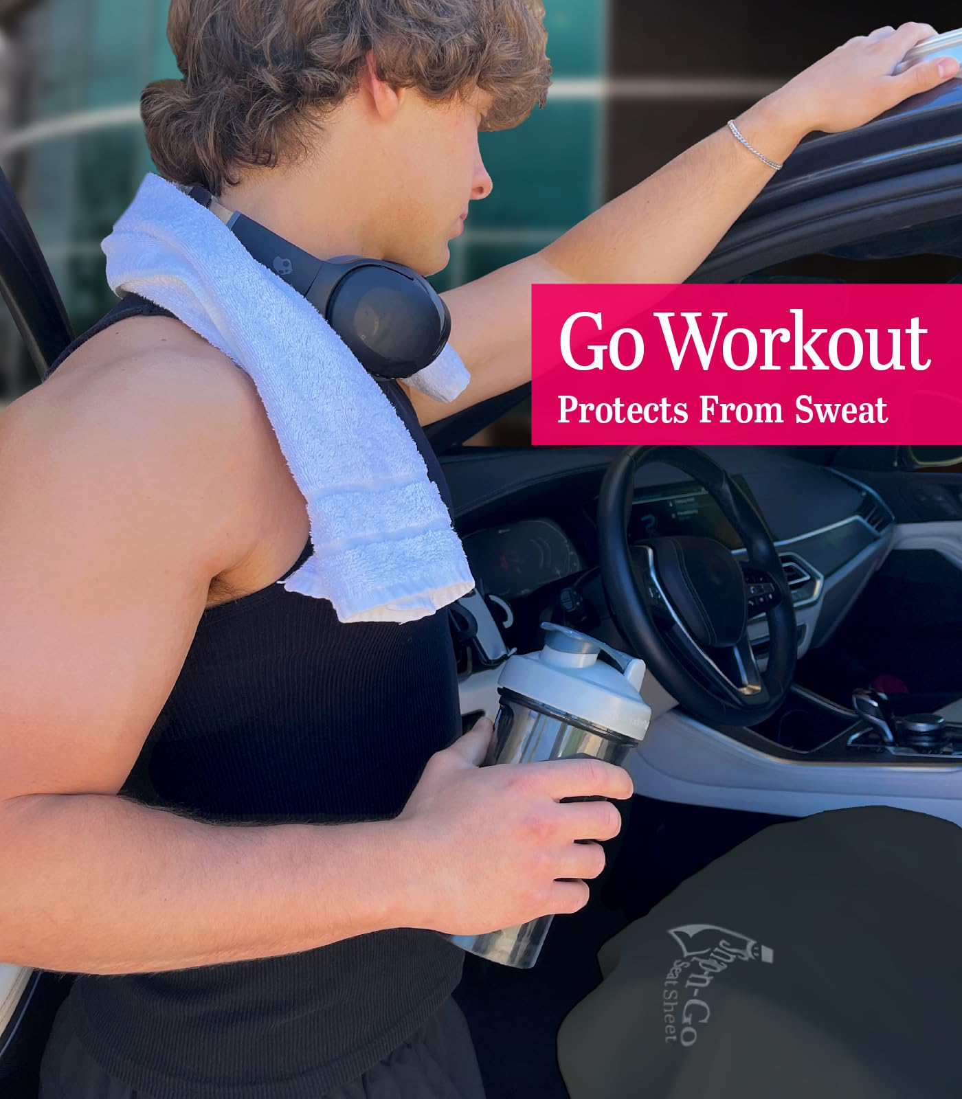 Car Seat Towel Cover After Gym Workout Yoga Pets | Snap-n-Go Seat Sheet™ Universal Fit with Headrest Post Straps, Quick-Dry Washable Sweat Protector for Cars, Trucks, SUVs Interior Protection (Black)