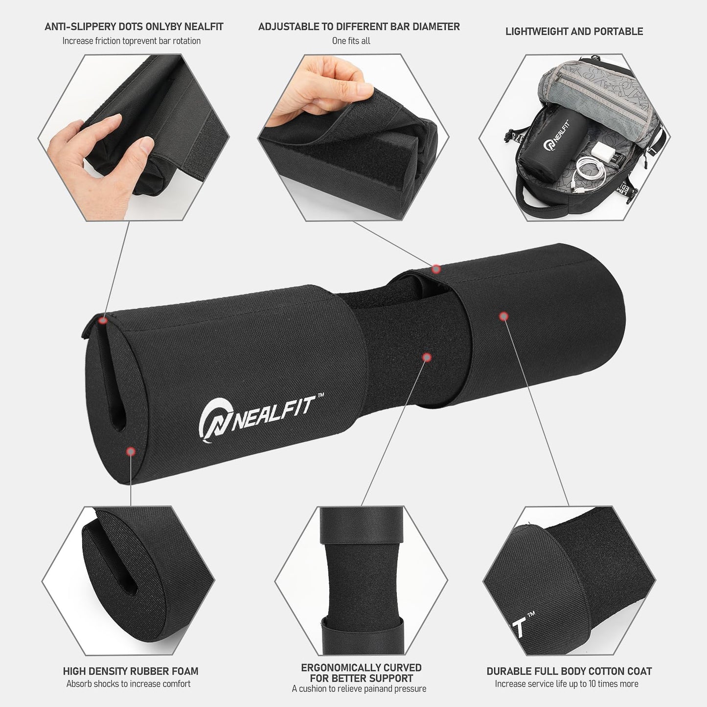 NEALFIT Barbell Squat Pad with Thick Nylon Padding, Hip Thrust Pad for Squats, Lunges, Neck Shoulder Squat Pad for Olympic or Standard Bars (Black)