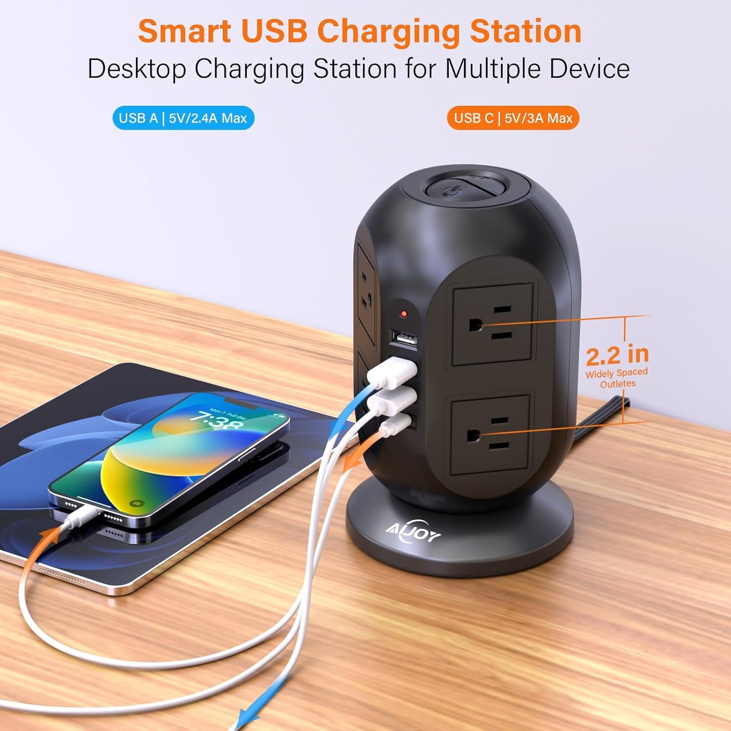 AiJoy 8 4 Ports(1 10 Surge Protector Power Strip Tower with Outlets USB USB-C), FT Flat Extension Cord with Multiple