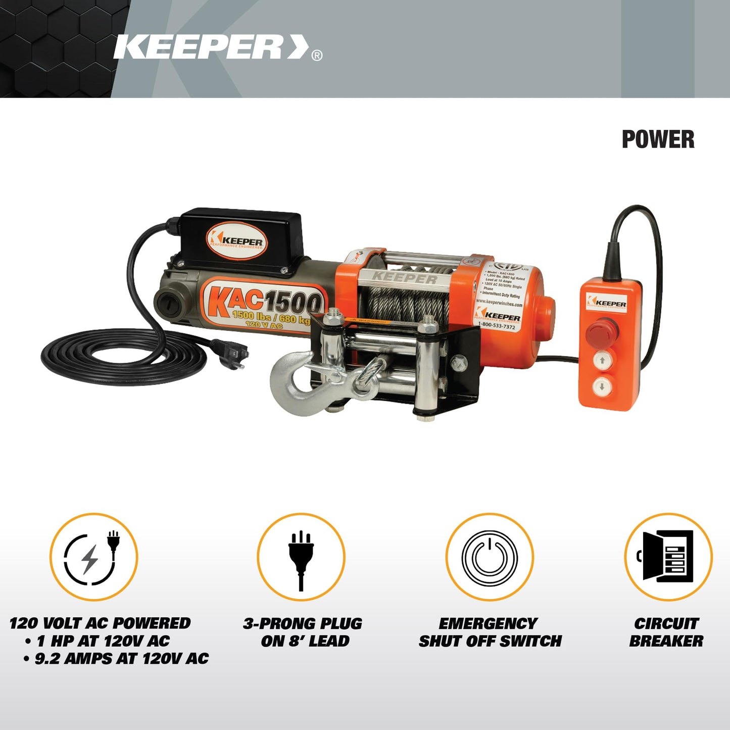 KEEPER Electric Winch 110/120V AC with Remote, Hand Held Control, 1500 lb. Capacity, AC Power, ATV, Truck, SUVs, Large Vehicles, Trailer Winch