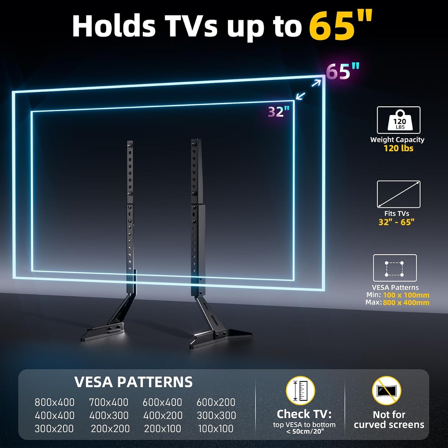 KAMIWI Legs-7 32"-65" 800x400mm 120 LBS Universal TV Stand Base Replacement,Metal TV Level Height Adjustable,Desktop TV