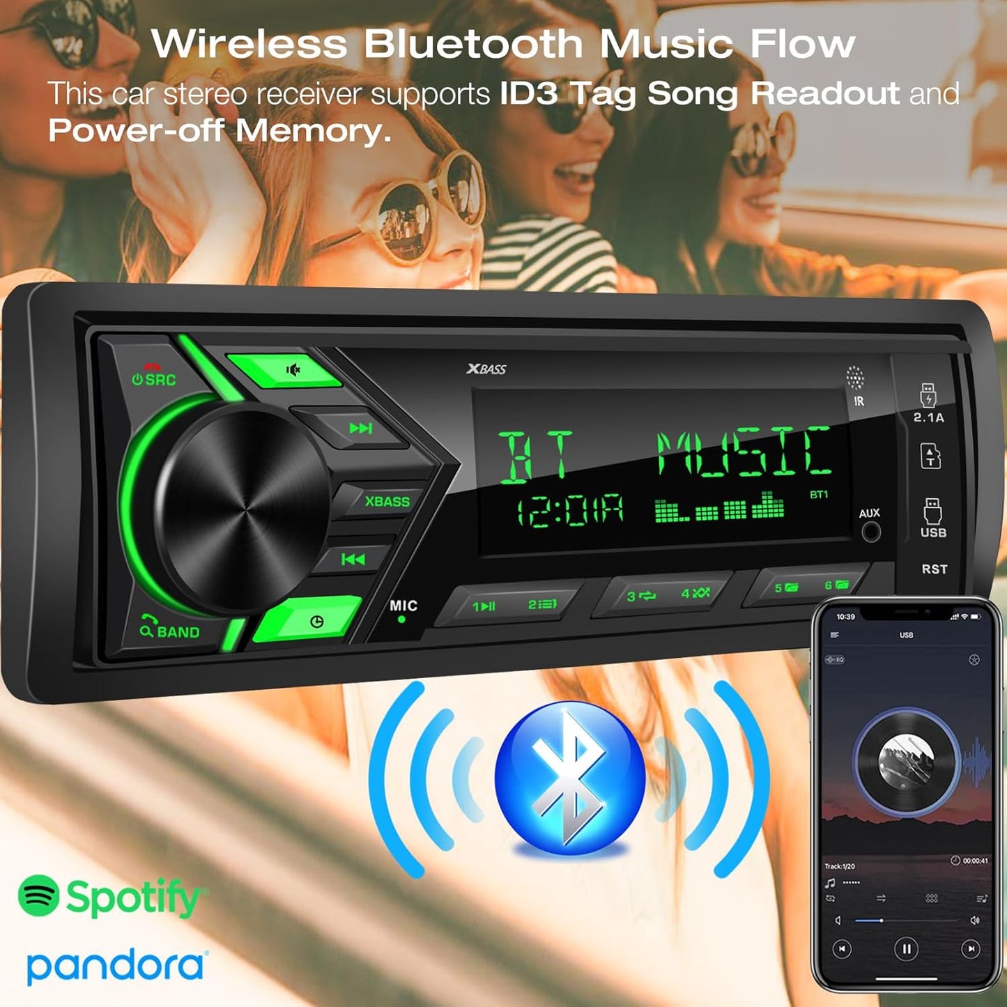 DOVOX MP3 2.1A Bluetooth Car Stereo Marine Radio: Single Din LCD Display Audio System - Indash Multimedia Player