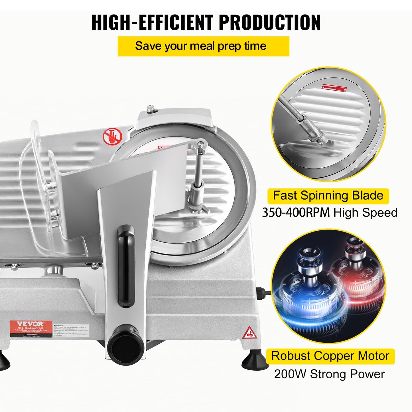 VEVOR Commercial Meat Slicer, 200W Electric Deli Food Slicer, 0-12mm Adjustable Thickness Electric Meat Slicer, 350-400RPM Slicer with 8.7'' Chromium-plated Steel Blade for Home & Commercial Use