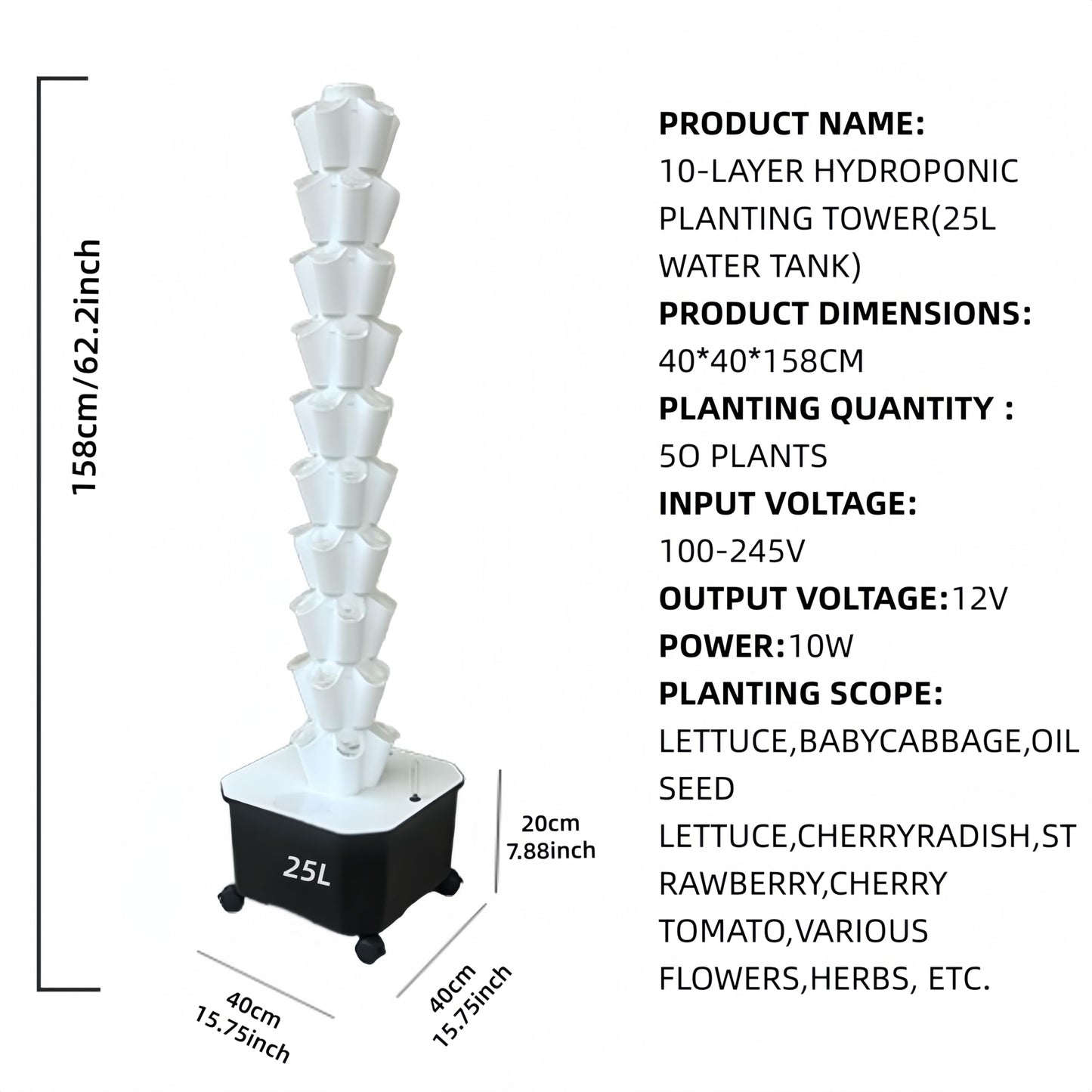 TIRUSSS Hydroponic Growing System Kit, Aeroponic Tower 50 Hole Garden Vertical Vegetable Planting System with Pump and Mobile Water Tank