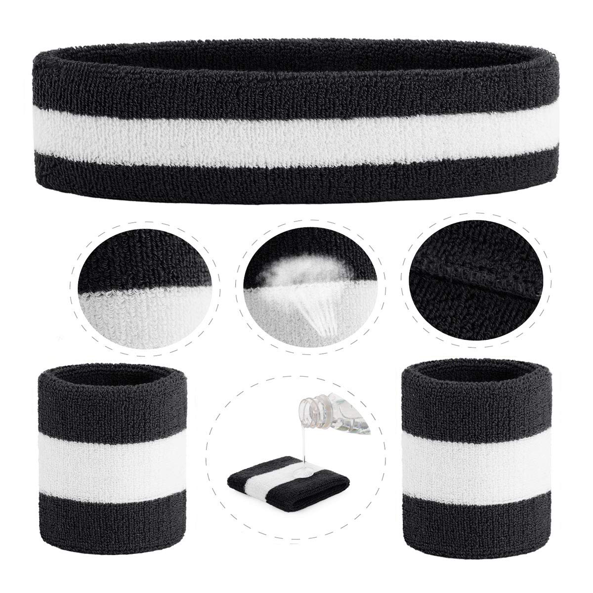 ONUPGO Grey Sweatband Set Sports Headband Wrist Striped Sweatbands Terry Cloth Wristband Athletic Exercise Basketball Wrist Sweatband and Headbands Moisture Wicking Sweat Absorbing Head Band