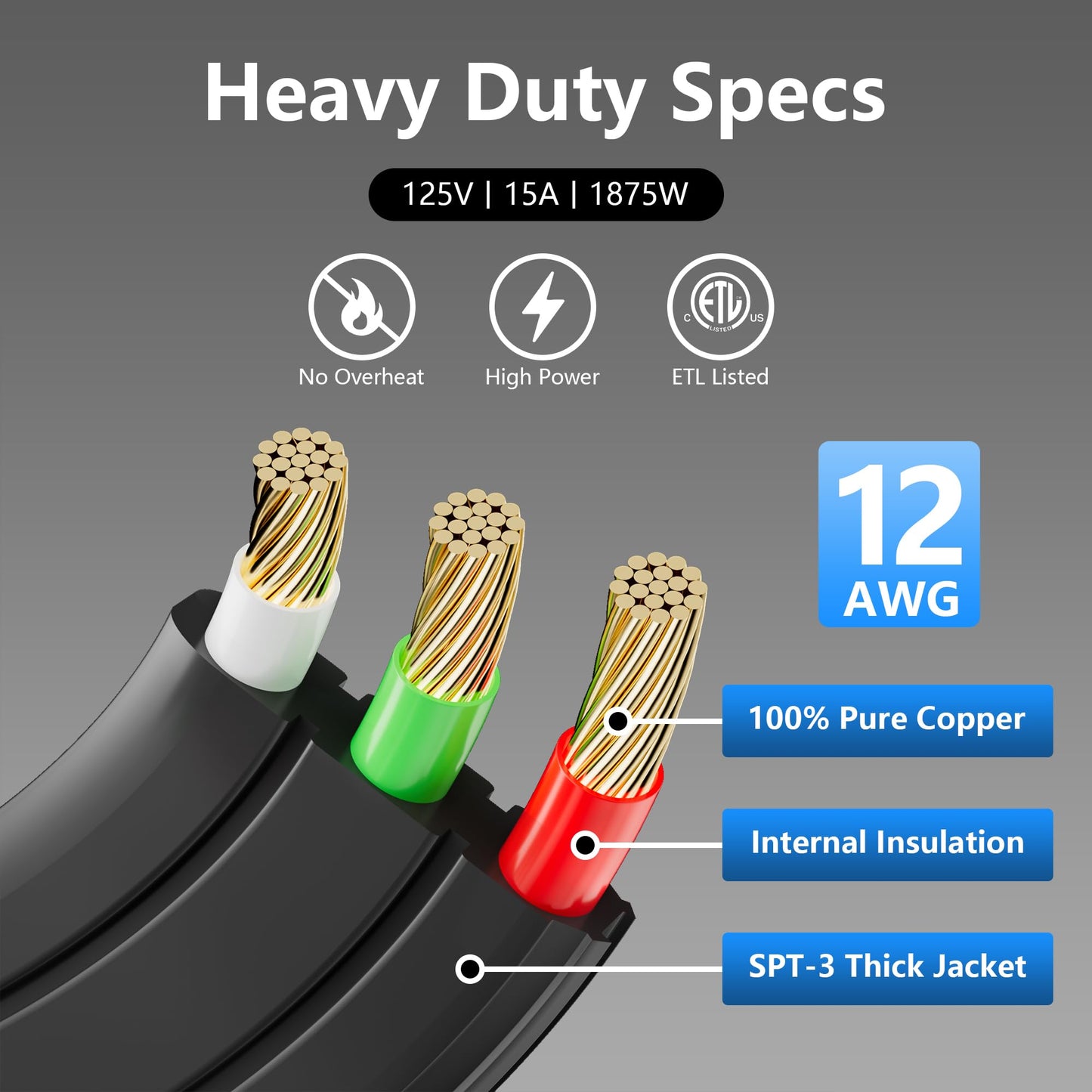 Flat 12 Gauge AWG Appliance Power Extension Cord 100 FT Blue, Heavy Duty 3 Prong Right-Angle Flat Plug Low Profile Cable, SPT-3 15A 125V for AC Fridge Dryer Tool Microwave Oven -ETL+Caution Tape