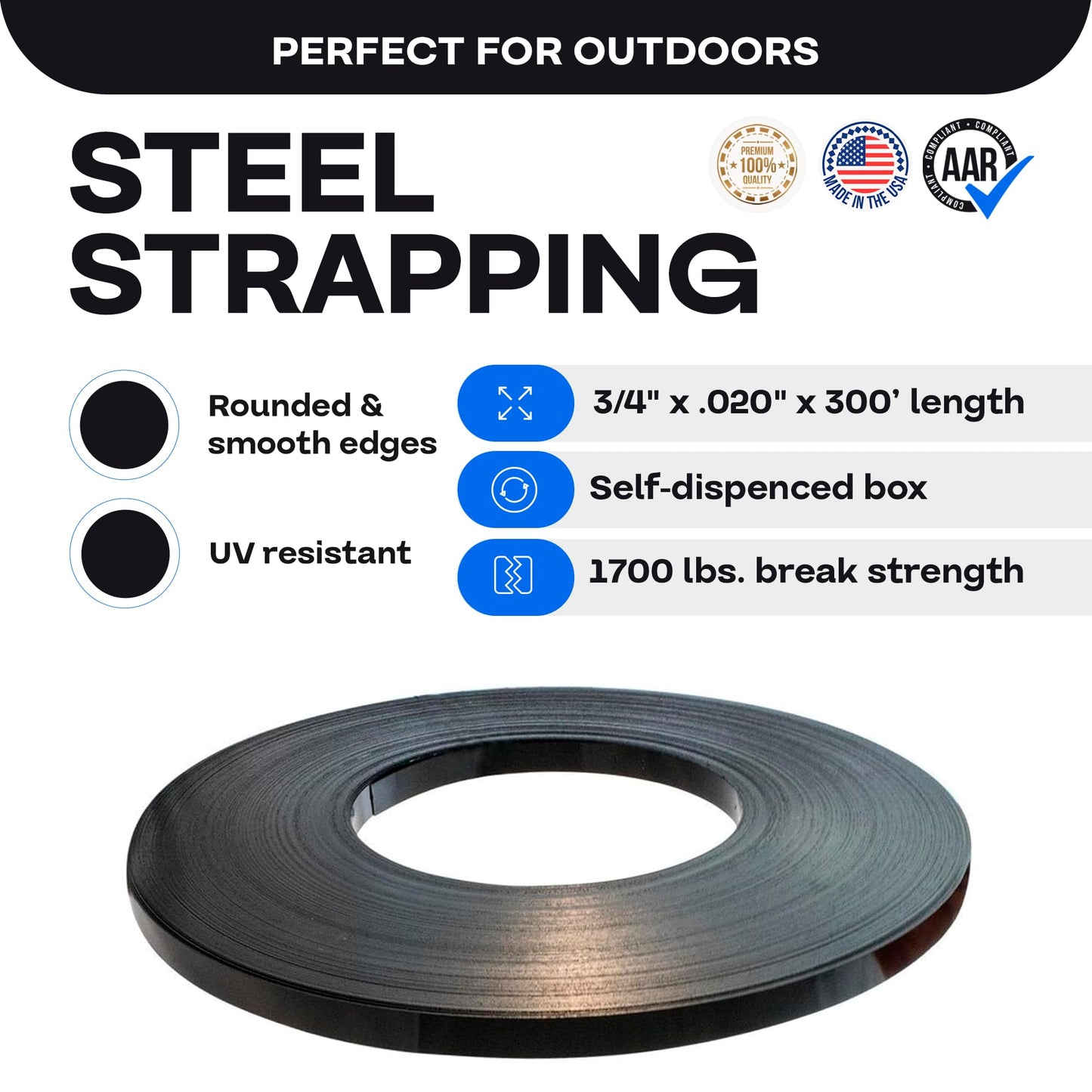 IDL Packaging 3/4" x .020" x 300' Steel Strapping Coil (1700 Lbs Break Strength) in Self-Dispensed Сardboard Box - Portable Strong Banding with Superior Cut-Resistance - Heavy Pallet Strapping