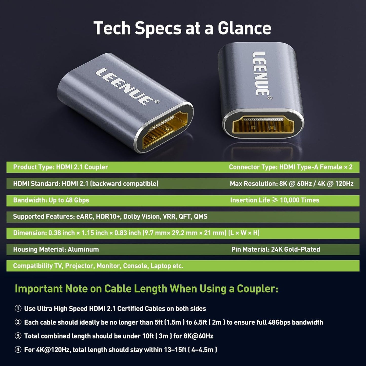 LEENUE 8K 2.1 8K@60Hz 4K@120Hz 2 Pack, HDMI Coupler Female to Female Connector, HDMI Aluminum Adapter, Supports /
