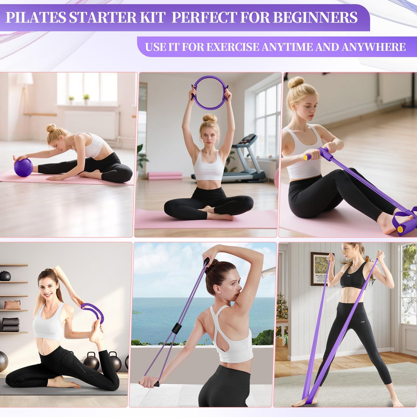 Pilates Essentials Kit for Women 15 Pcs Pilates Equipment for Home Workouts with Yoga Circle Ball Ring, 5 Resistance Bands,Pedal Puller Resistance Band,Anti Slip Socks for Starter Set,Purple