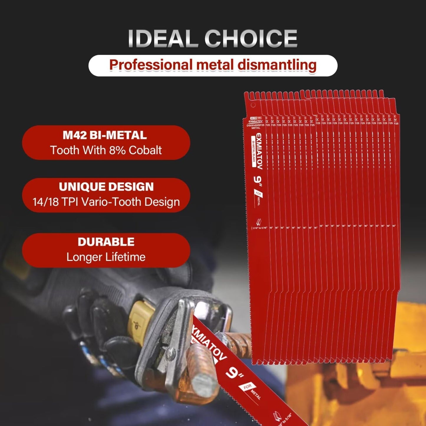 25 Pack 9 Inch 14/18 TPI Reciprocating Saw Blades for Metal Cutting, Bi-Metal Auto Dismantling Reciprocating Saw Blades for 1/16-5/16 Medium Metals, Cutting Blade for Reciprocating Sawzall