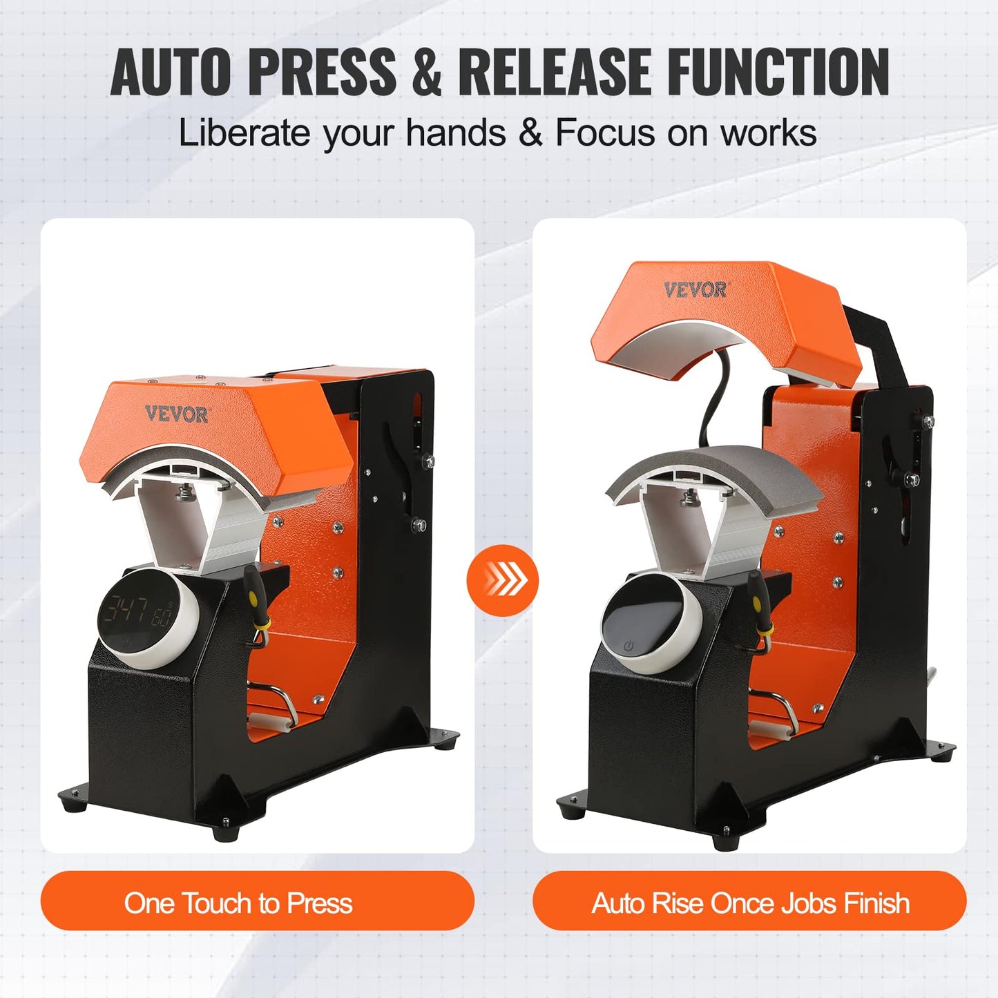 VEVOR 3-in-1 Auto Hat Heat Press Machine for Caps - No Crease, Automatic Release&Press Knob-Style Digital Control Panel, with 3pcs Interchangeable Platens(6.6" x 2.7", 6.6" x 3.8", 6.1" x 3")