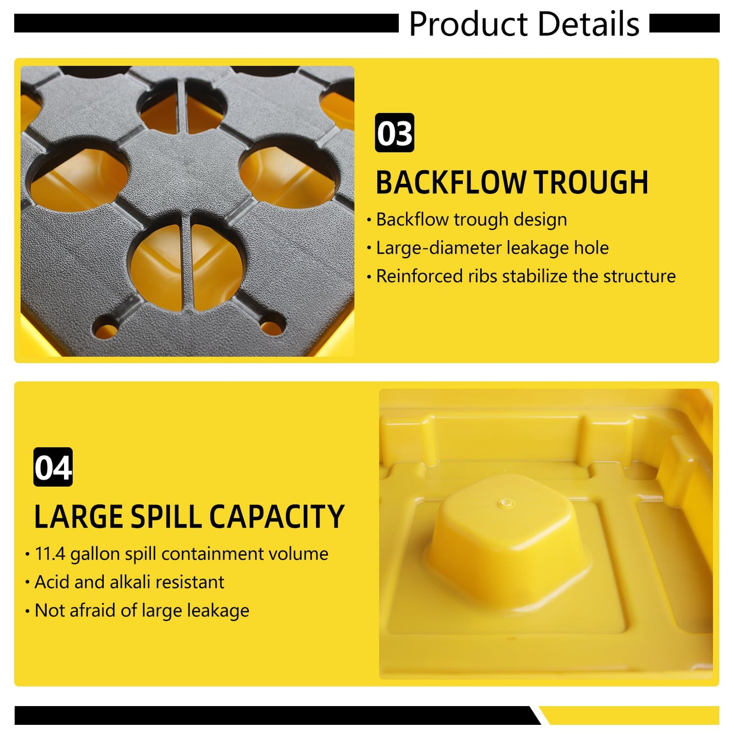 Spill Containment Tray with Drain, Anti-Leak Plastic Oil Tank Spill-Proof Pallet, Industrial Oil Drum Modular Platform,26.4 x 26.4 x 5.9in,1 Drum,2 Pcs