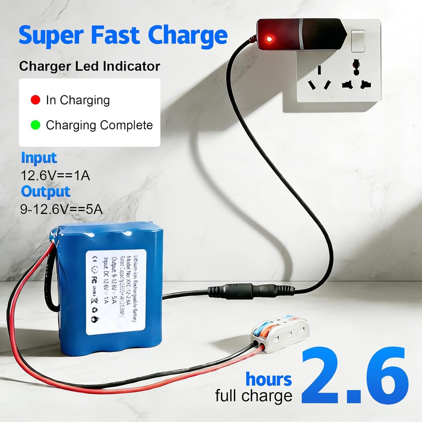 Generic 12V 2600mAh Pack (12V 2600mAh) Rechargeable Li-ion Battery with Charger, Bare Leads Wire Battery Perfect