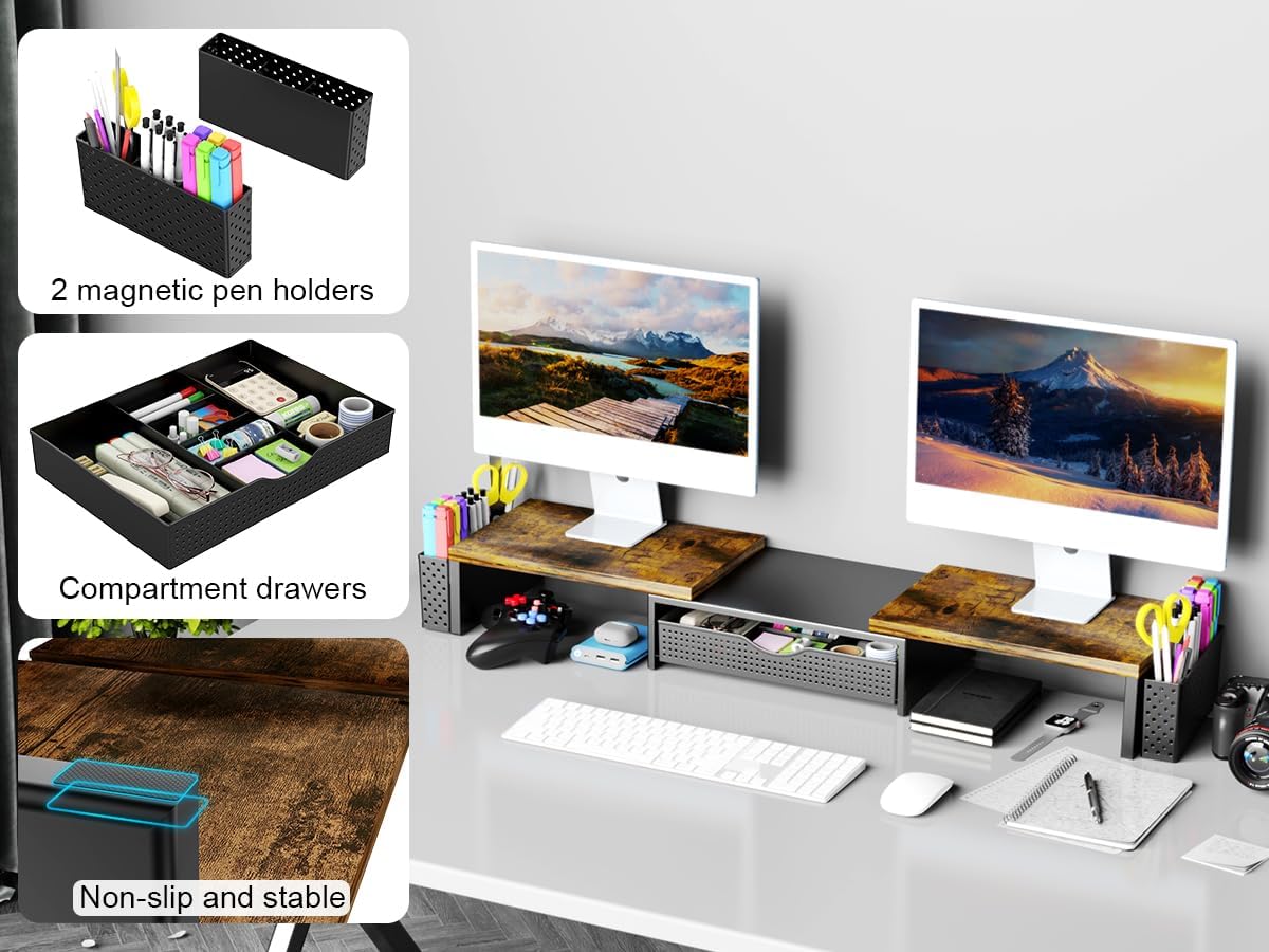 2 Spacrea Metal Desk Organizers and Accessories, Dual Monitor Stand Riser with Drawer and Pen Holders, Desk Accessories