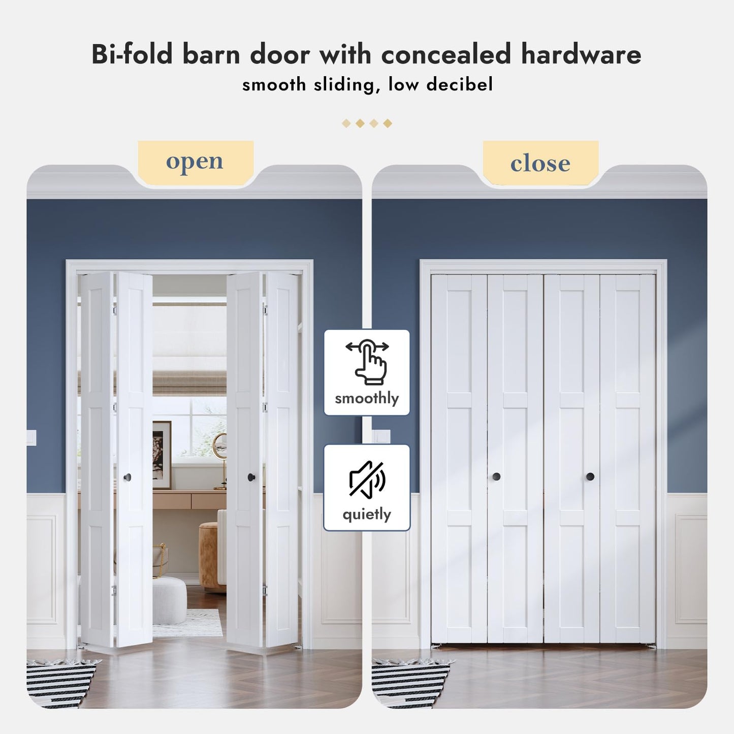 Roymelo White Bifold Doors for 72"×80" Opening, Sliding Interior Closet Folding Barn Door Slab with 6FT Concealed Hardware Kit Included, 3-Panel, MDF Wood Panel Covered with PVC Surface