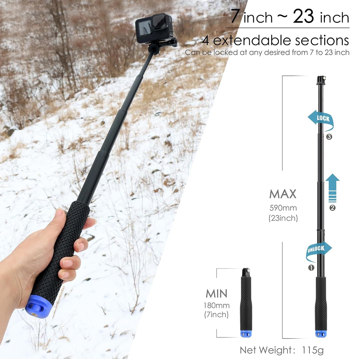 YALLSAME 7''-23'' 13 12 11 10 9 8 7 6/AKASO/DJI 6 5 4 3, Extendable Selfie Stick for GoPro, Waterproof Handle Grip
