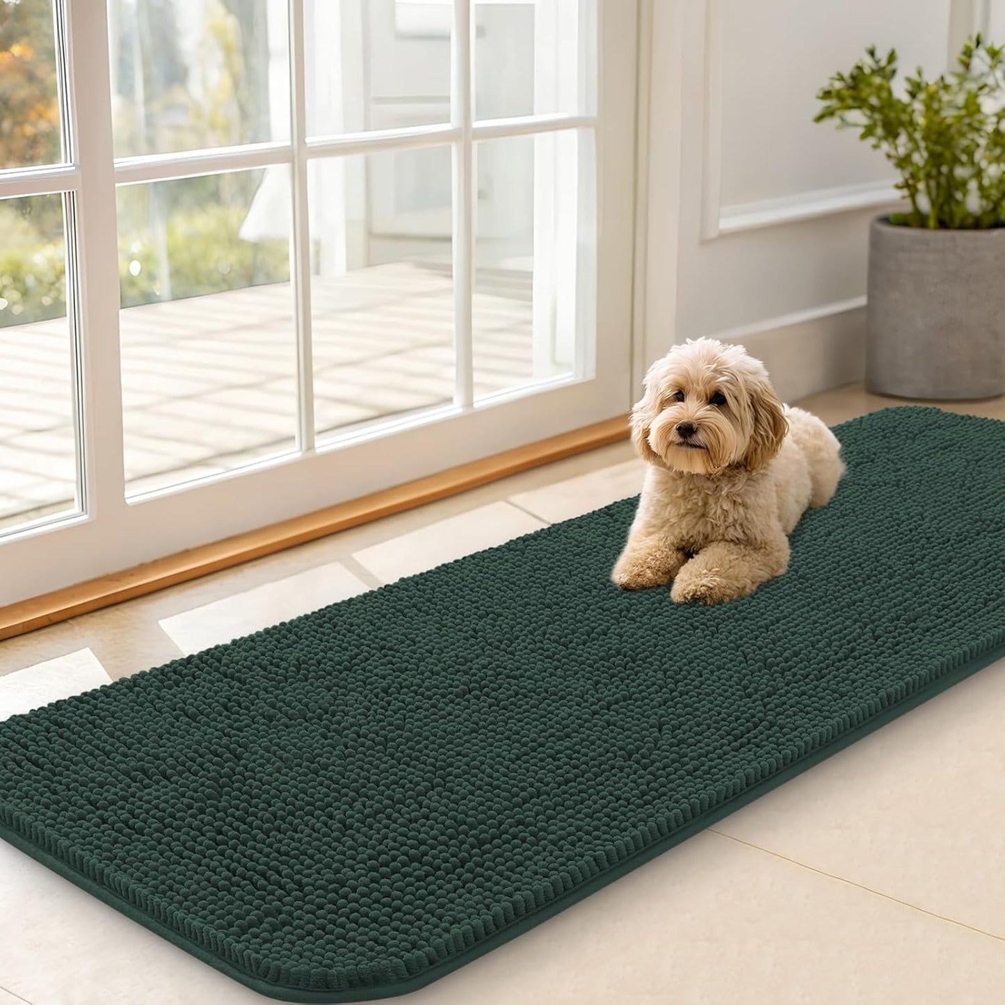 OLANLY Dog Door Mat - Absorbent Non-Slip Chenille Mat for Muddy Paws | 59x20 Inches, Blackish Green