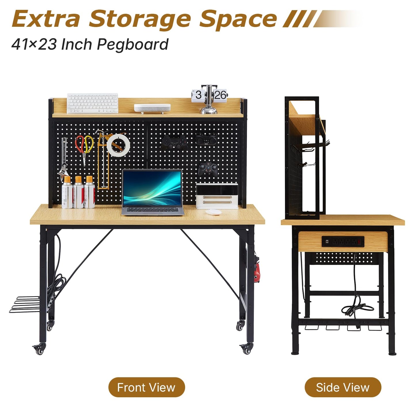 Zevemomo 48" Adjustable Height Workbench with Pegboard, Work Benches for Garage, Heavy Duty Wood Top Work Bench with Wheels, 2000 LBS Load Capacity, Rolling Work Table with Outlet Storage Shelf Hooks