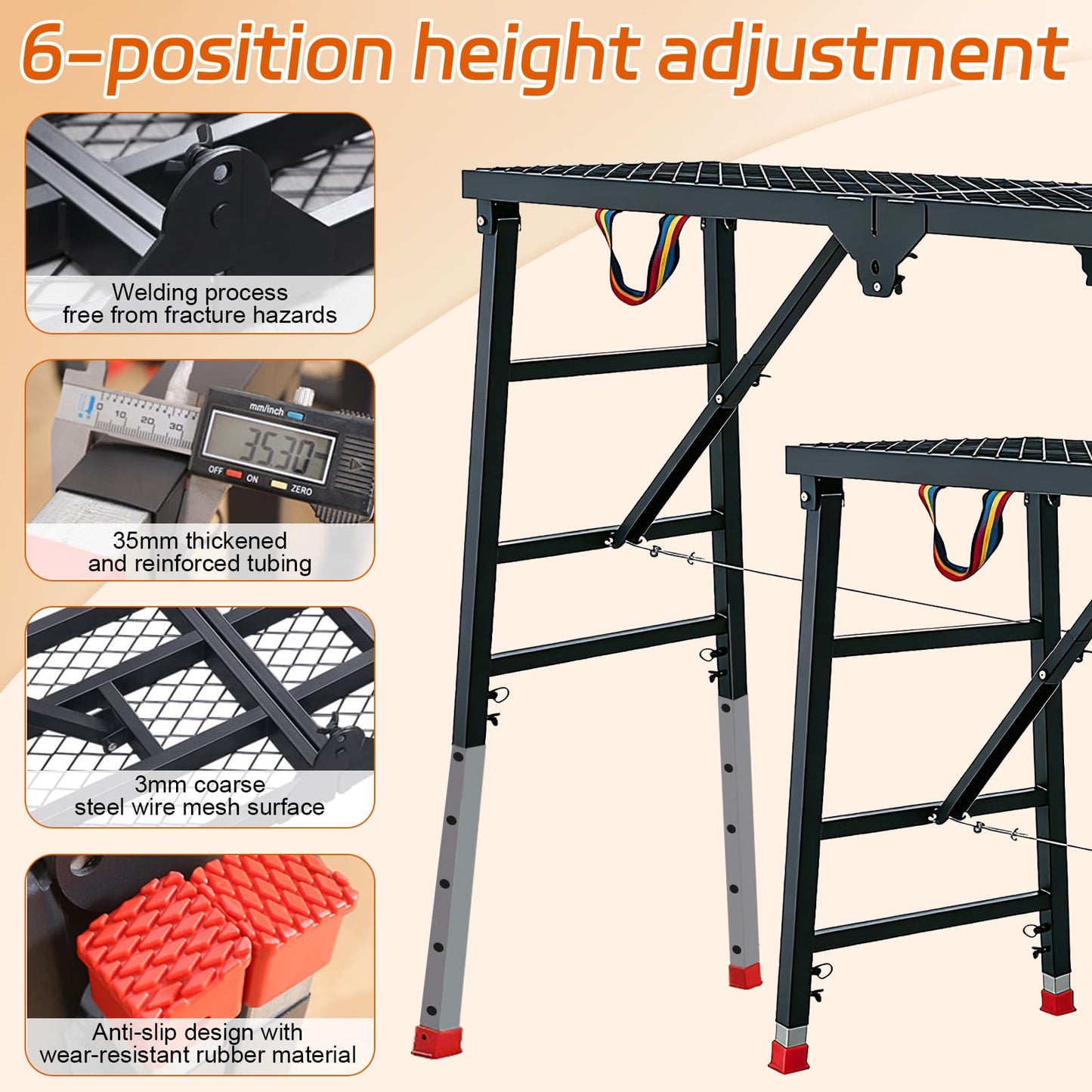 Foldable Scaffolding Platform, Height Adjustment 70.9x15.7x35.4-57 in Portable Welded Steel Work Platform, 770 lbs Capacity, Industrial Step Ladders Ideal for Home Improvement, Wiring and Painting