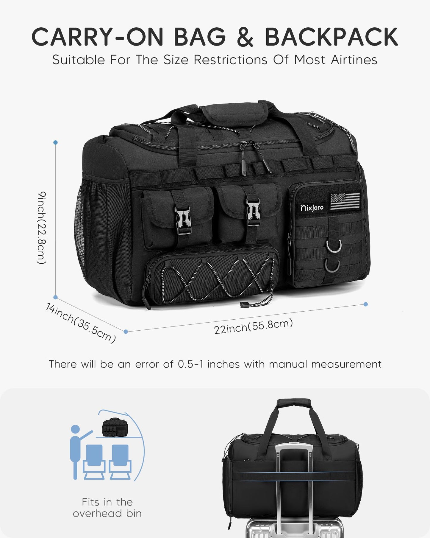 Nixjoro Gym Bag Men Women Carry On Luggage 22x14x9 Airline Approved 3 in 1 with Tactical Bag with Laptop Shoe Compartment for Weekender Overnight Range Workout
