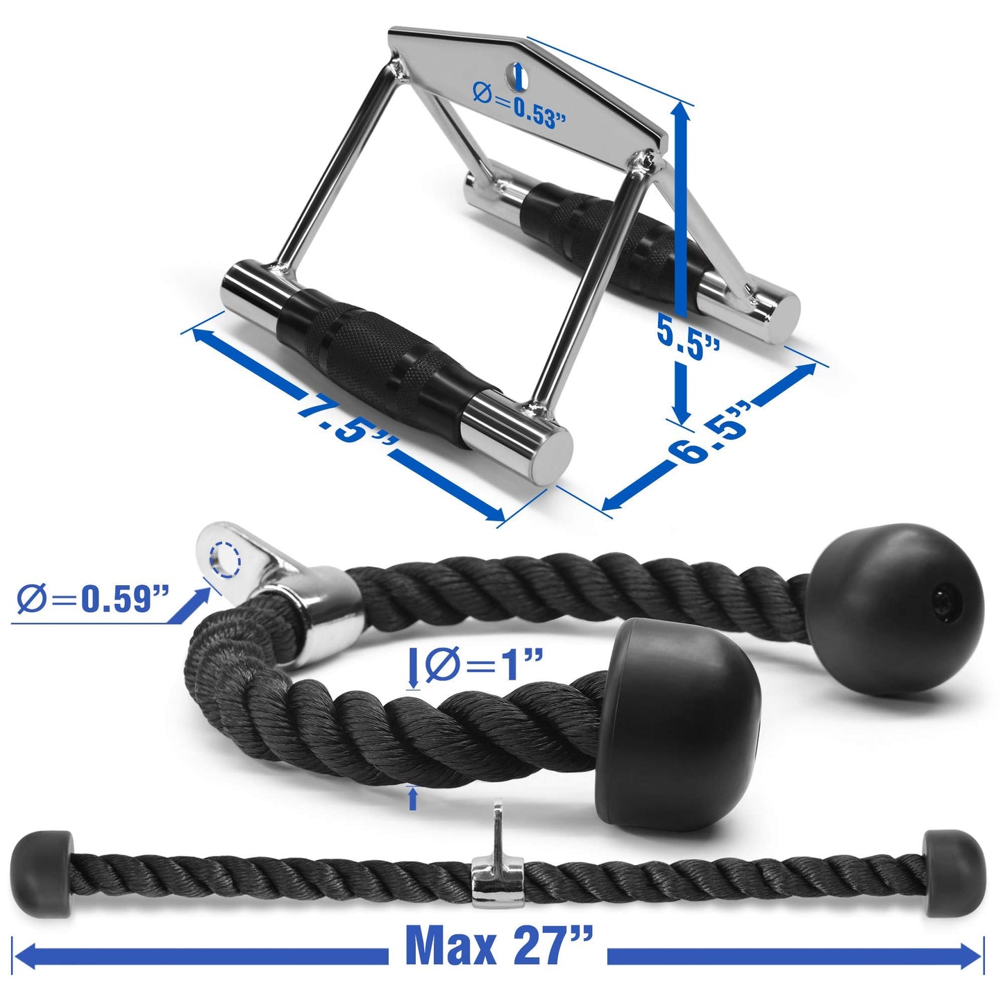 Yes4All Combo Double D Handle & Tricep Rope, Multi Cable Machine Accessories, Tricep Press Down Cable Machine Attachment, LAT Pulldown Attachments for Home Gym Set