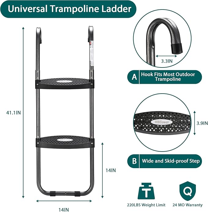 HBTower Trampoline Ladder with Horizontal and Wide Steps, Universal Hook, UV Treated Steel, 220 lbs Capacity Trampoline Accessories for Children Kids