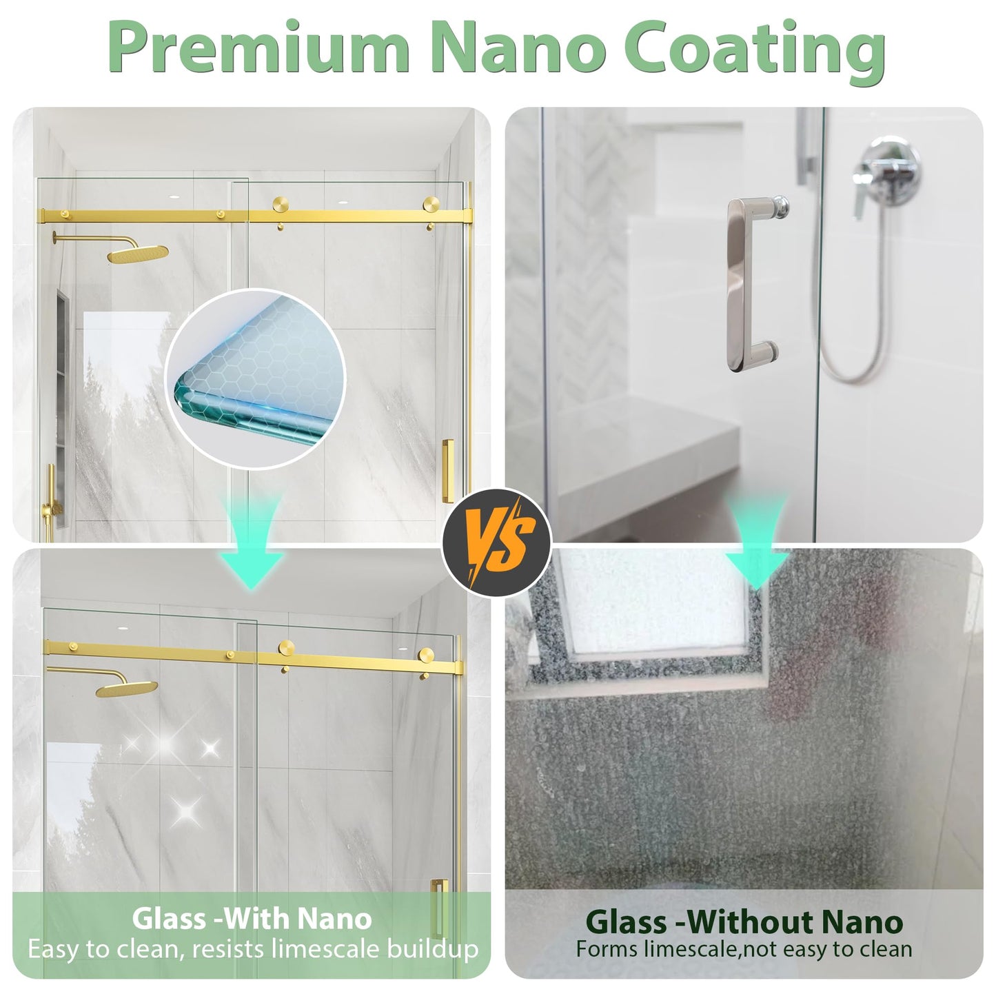 KPUY Frameless Shower Door, 49-54" W x 76" H Sliding Shower Glass Door, 1/4" (6mm) Thick Tempered Clear Glass with Explosion-Proof Film Nano Coating in Brushed Gold Finish