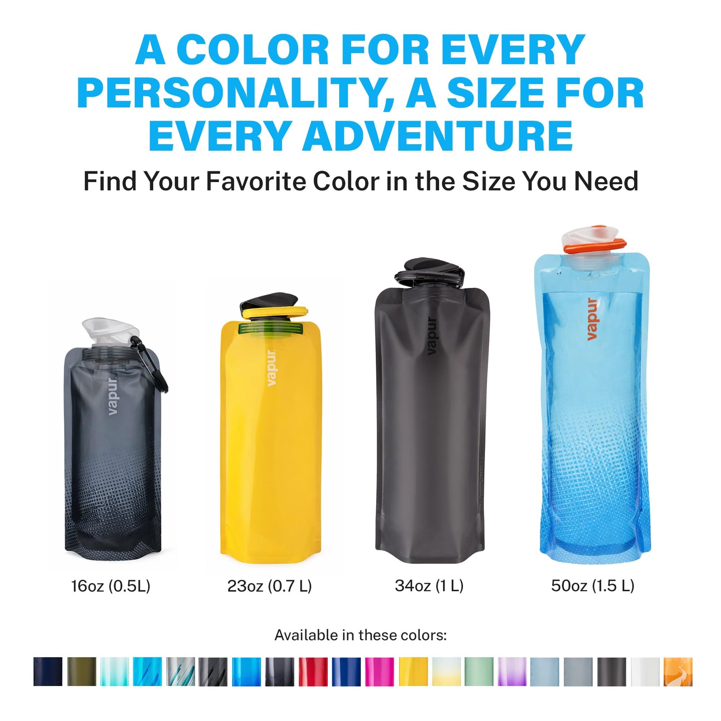 Vapur Collapsible Water Bottle with Carabiner - 34oz (1L), Blackout - Flexible and Lightweight Water Bottle for Travel, Concert, Hiking, and Outdoor Adventures - BPA-Free, Dishwasher-Safe, Freezable