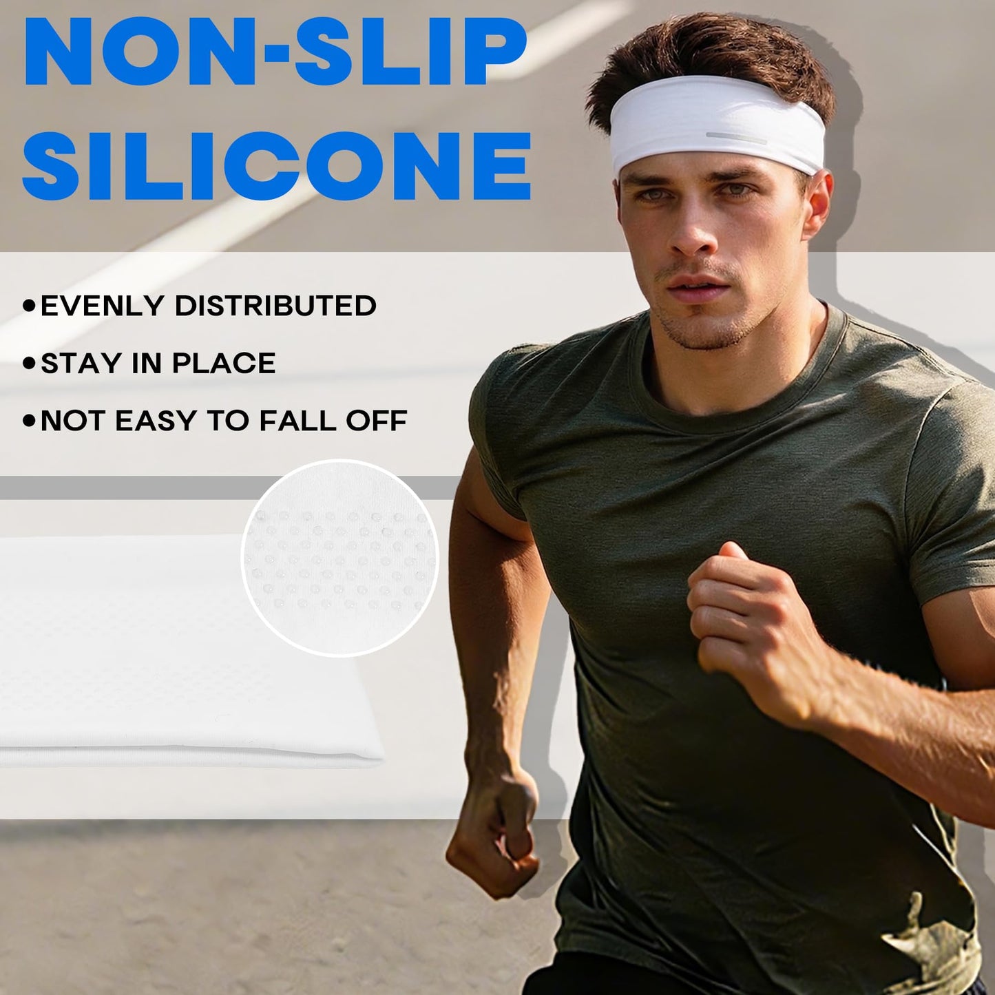 Sukeen Lightweight Sports Headbands for Men, Moisture Wicking Sweat Bands Headbands Non-Slip, Reflective Elastic Mens Headband for Running, Cycling, Gym, Fitness, Sports, White