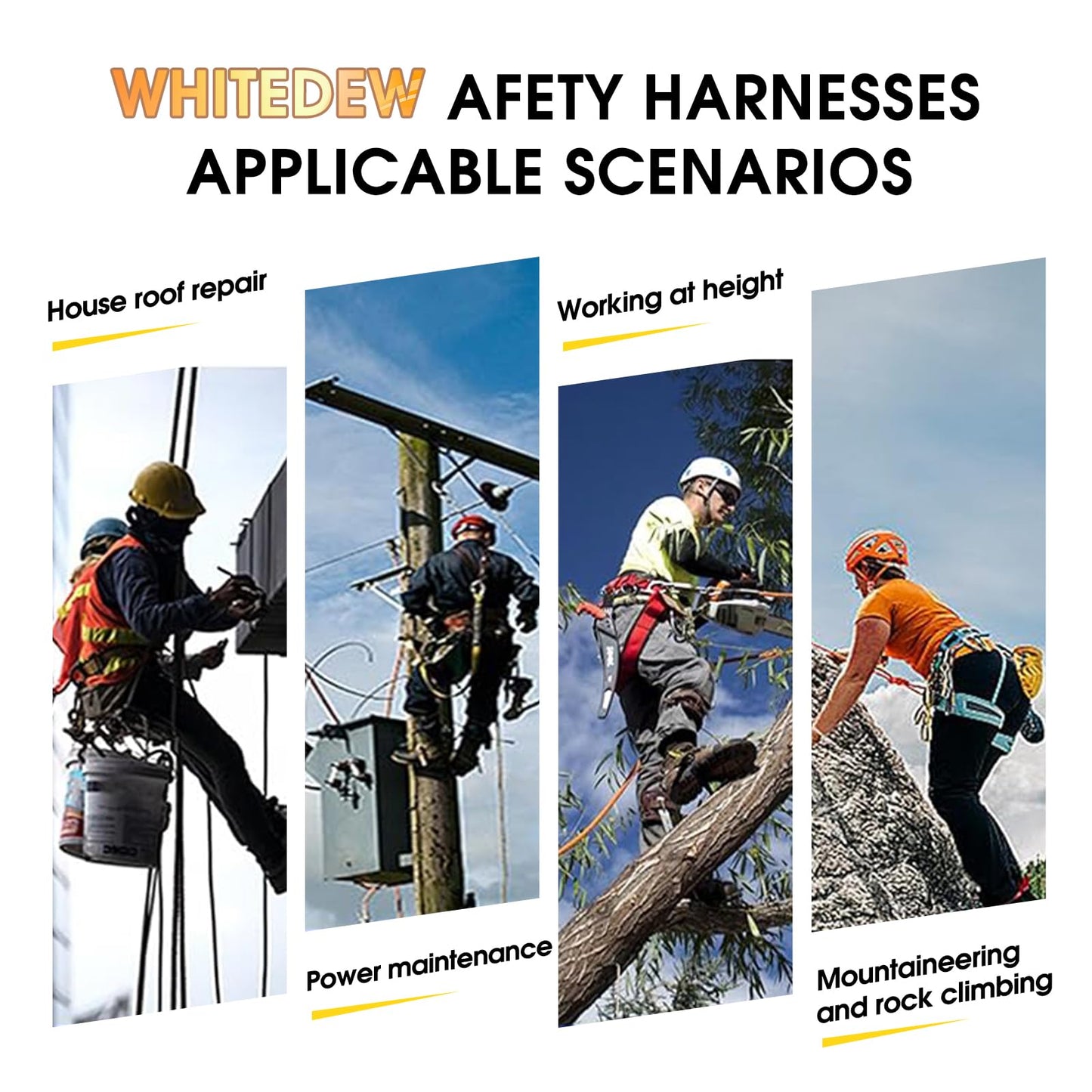 WHITEDEW Fall Protection Premium Safety Harness with Shock Absorbing Lanyard, Vented & Padded Shoulder, Legs & Back - Upgrade 4 Quick Buckles (Yellow)
