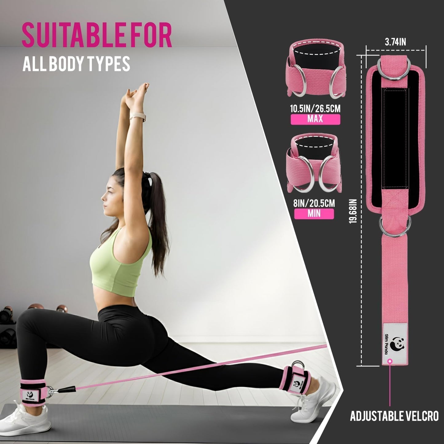 Slim Panda Ankle Strap for Cable Machine,Ankle Cuff for Kickbacks, Booty Hip Abductors,Glute Workouts, Leg Extensions, Curls for Men and Women, Adjustable with Double D-Rings (Pair, Pink)