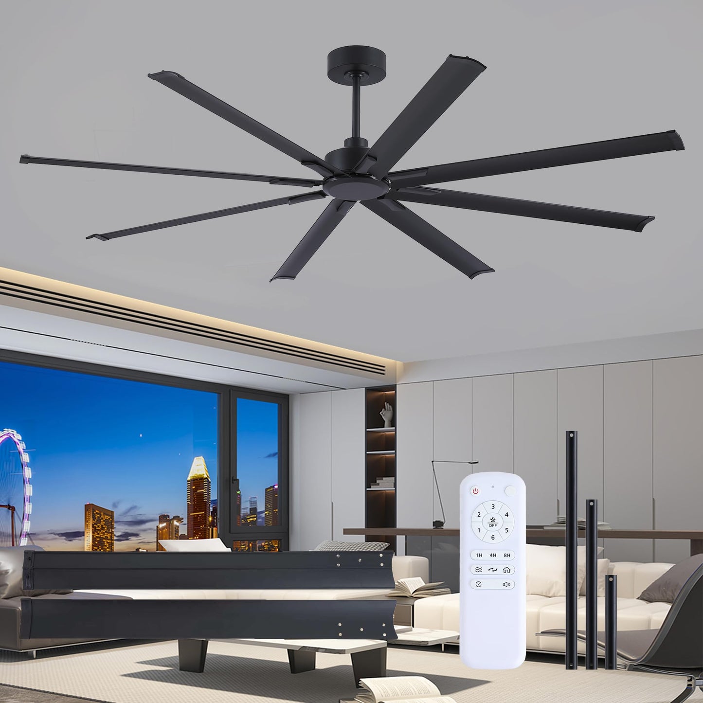 FUMLTP 84 inch Large Ceiling Fans No Lights with Remote Control,Black Modern Industrial Ceiling Fan for Garage Living Room Patio Farmhouse, 6 Speed Reversible Quiet DC Motor, Timer, 8 Blades.