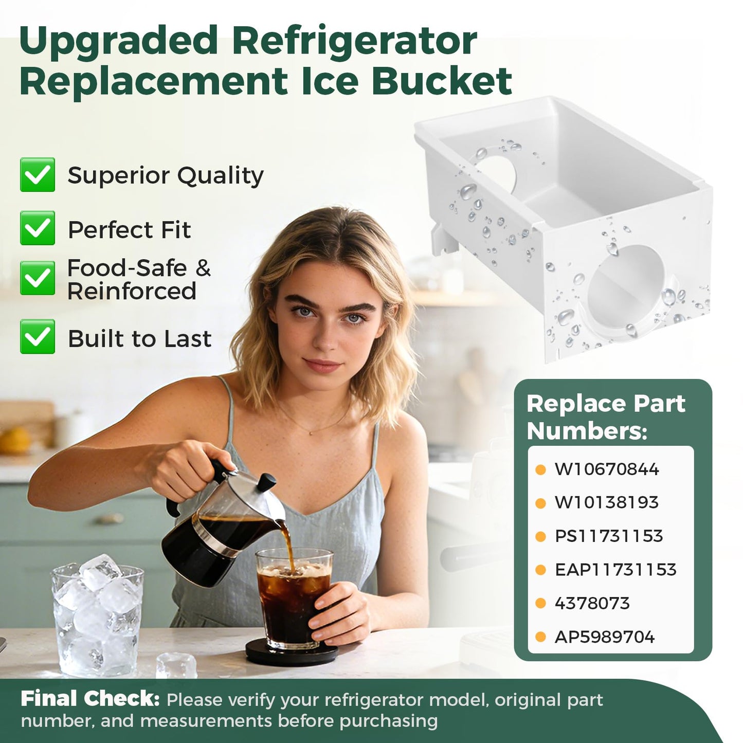 Upgraded W10850492 Ice Bucket Replacement Parts, Compatible with Whirlpool, Amana, Maytag, Kenmore Ice Container, Fits W10138193, W10670844, AP5989704, PS11731153,4378073, EAP11731153