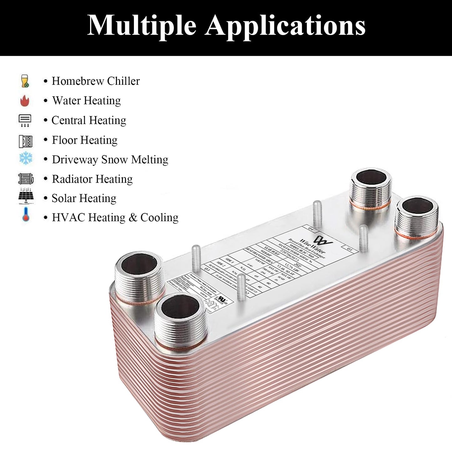 AB Plate Heat Exchanger,5"x12" 70 Plates Water To Water Heat Exchanger, Copper/SS316L Stainless Steel Brazed Plate Heat Exchanger For Floor Heating, Water Heating, Snow Melting