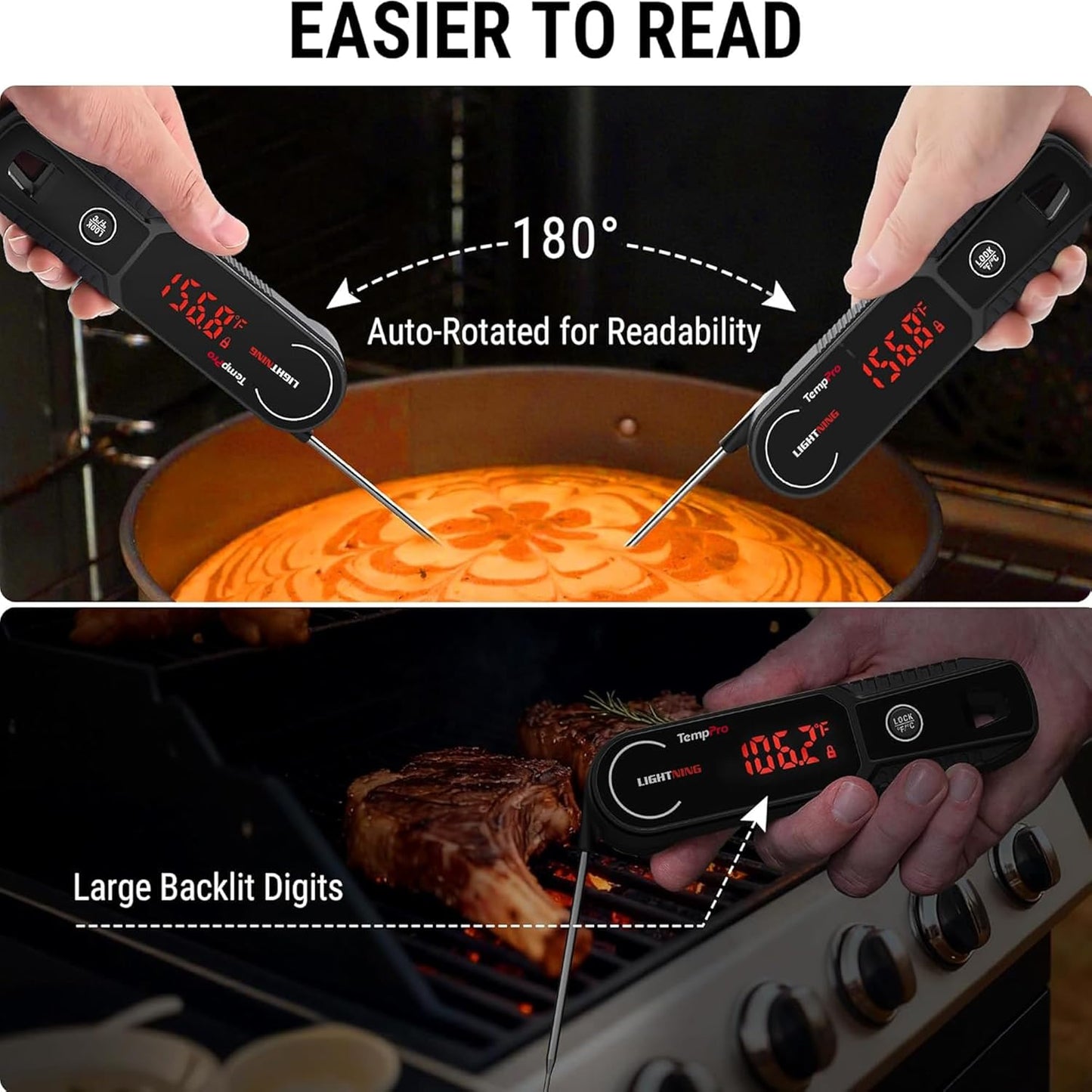TempPro Instant Read Meat Thermometer - 0.5 Sec Read Time, 180° Rotating Display, IP67 Waterproof for BBQ & Grilling