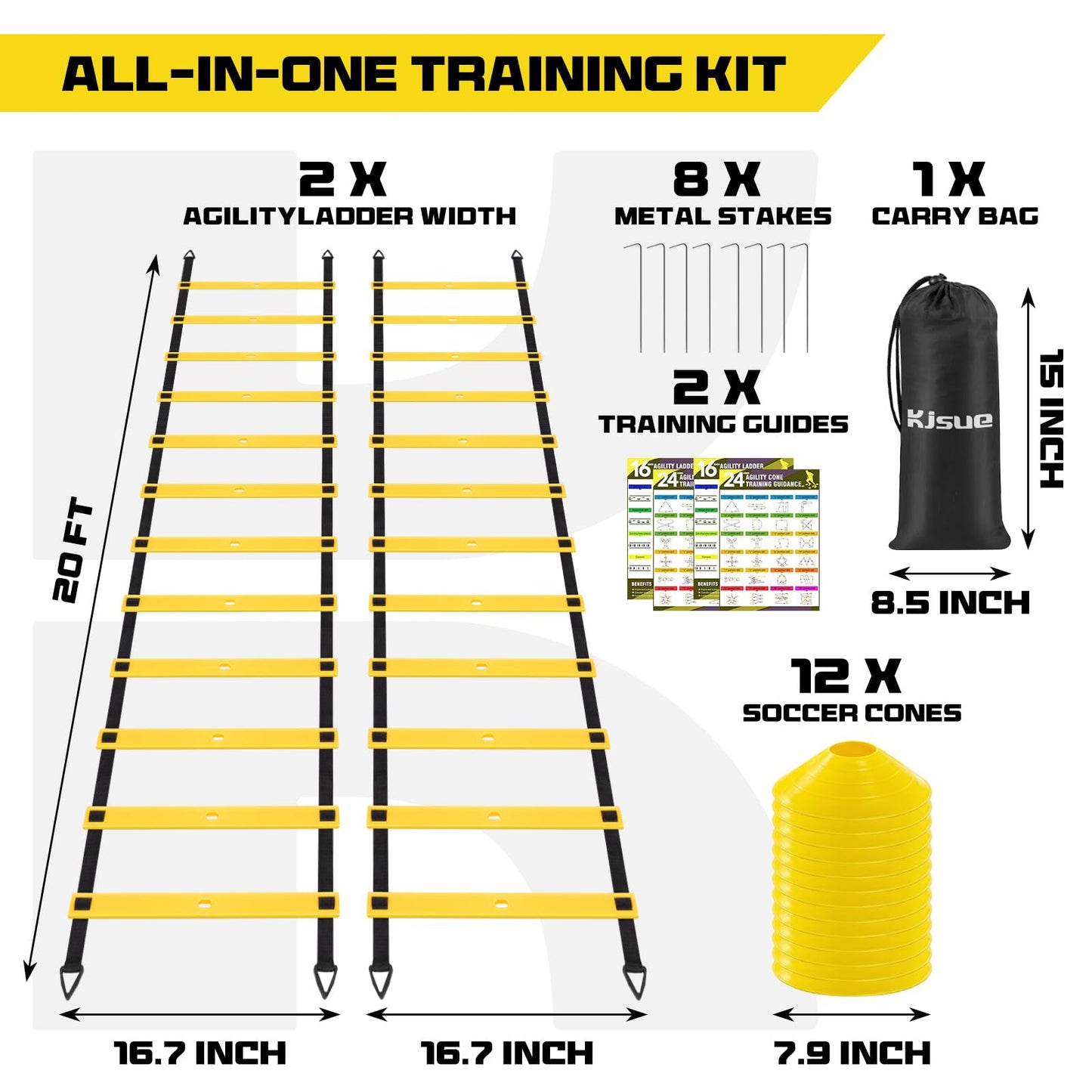 2 Pack 20ft Agility Ladder Set, 40ft Total Adjustable Speed Ladder with 12 Cones, 8 Stakes, 1 Carry Bag - Parallel Footwork Drills Gear for Football Soccer Basketball Training Equipment (Yellow)