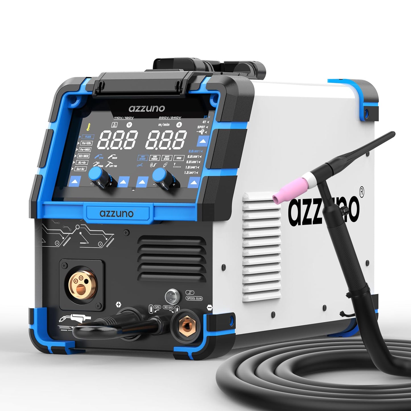AZZUNO 200A MIG Welder+Lift TIG Welding Torch WP-17V(35-50mm²), 110V/220V 8 in 1 Welder Machine Aluminum MIG/Gas MAG/Gasless Flux Core MIG/Gas MIG/Spot MIG/Spool Gun Compatible/Lift TIG/Stick Welding