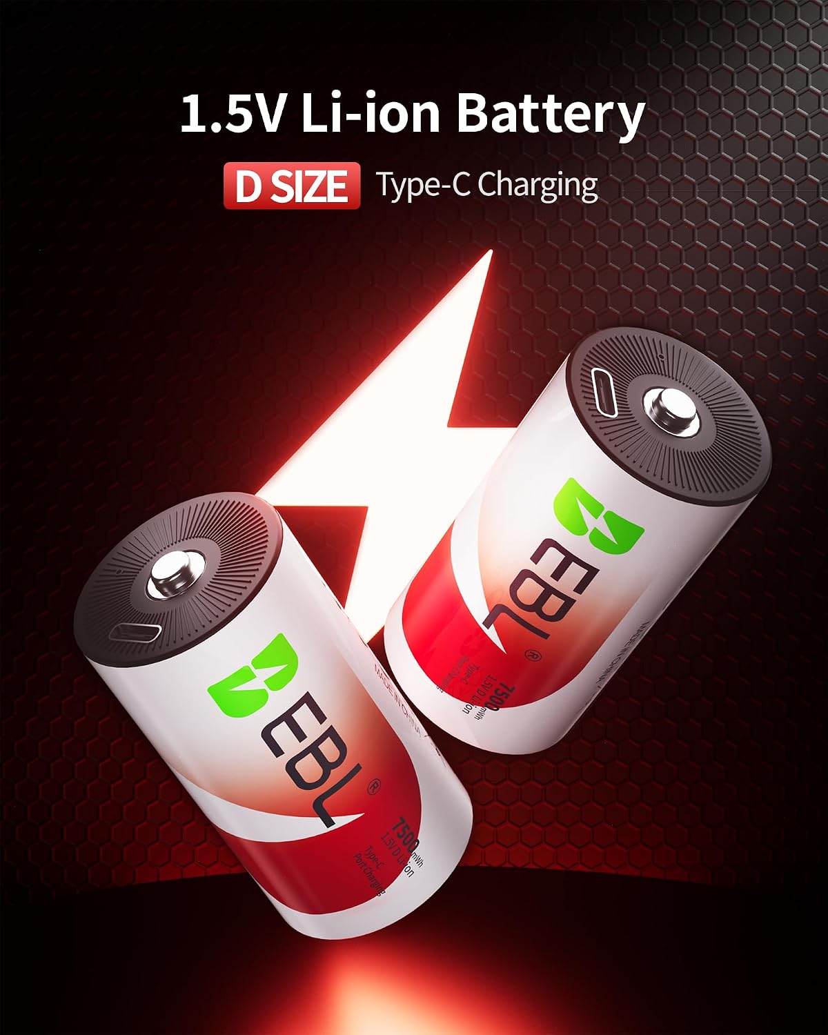 EBL 7500mWh 1.5V 1600+ 2 (4 Pack) Rechargeable D Batteries Lithium Cycles with USB-C Cables for Cameras, Floodlight