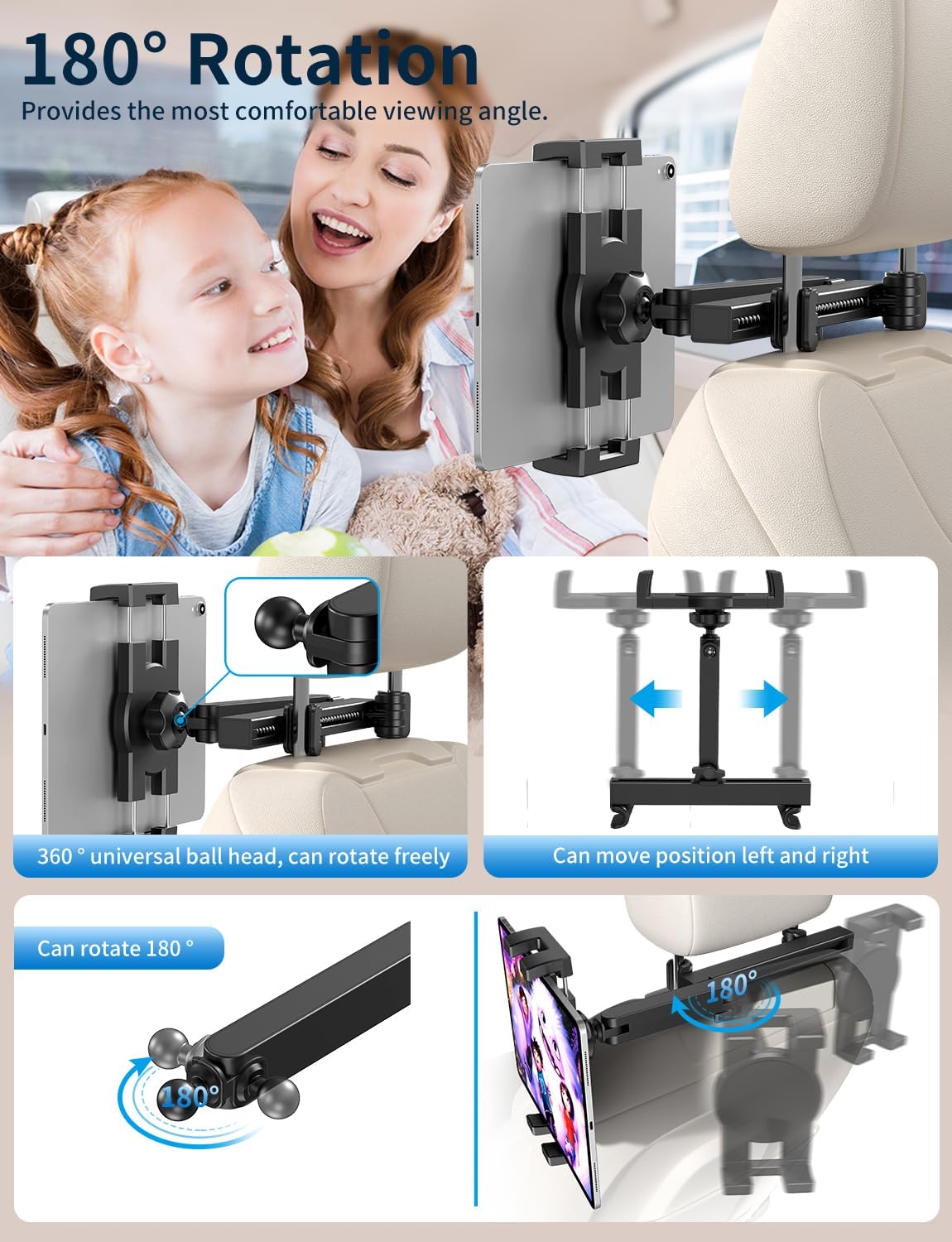 bokilino [3 1 4.7-12.9" Tablet Holder for Car Headrest, in Adjustable Extension Arm] iPad Car Mount for Back Seat, Road