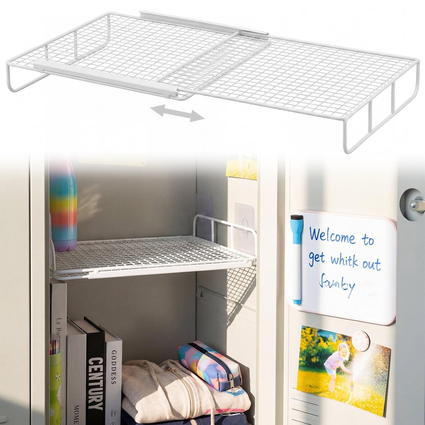 Colarr Adjustable Locker Shelf, Expandable Metal Locker Organizer Shelf 10.6-15 Inch, Heavy Duty Lockers Shelves with Support Adhesive Hooks to Fit School Classroom Office Gym Lockers(White)