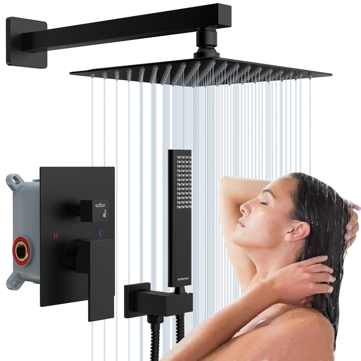 Black Shower System Sets Faucet: EMBATHER 10 Inch Overhead Rainhead Shower Combo Set with Handheld and Valve-Luxury Rain Mixer Rainfall Black Shower Faucets Sets Complete